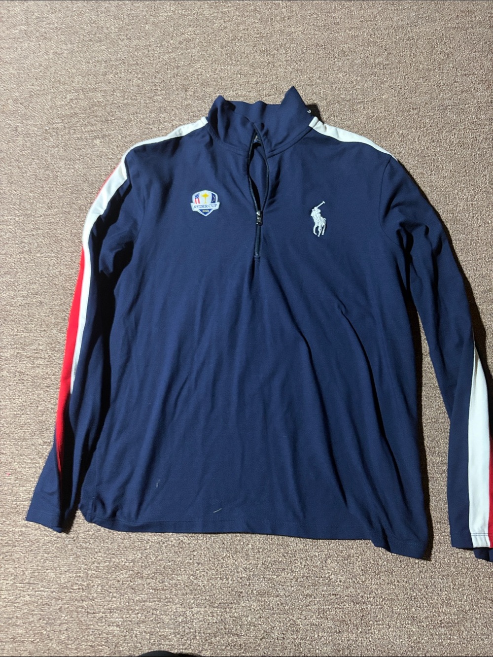 Polo by Ralph Lauren Navy Quarter-Zip Pullover with Red and White Sleeve Stripes